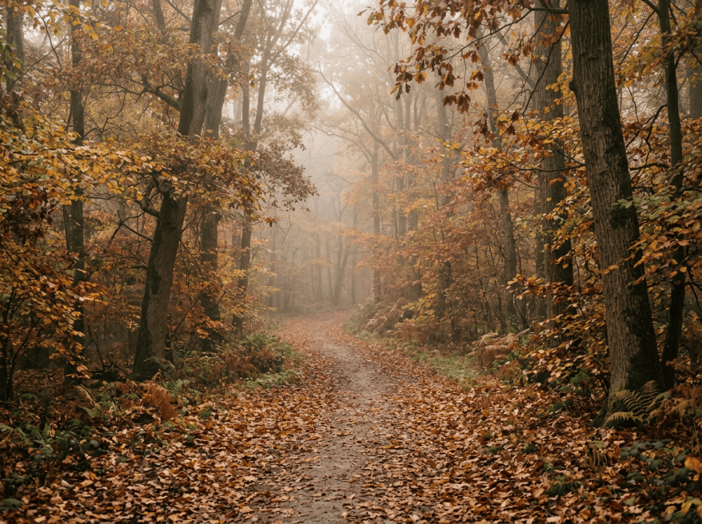 Leaf-covered forest trail winding through misty autumn woods